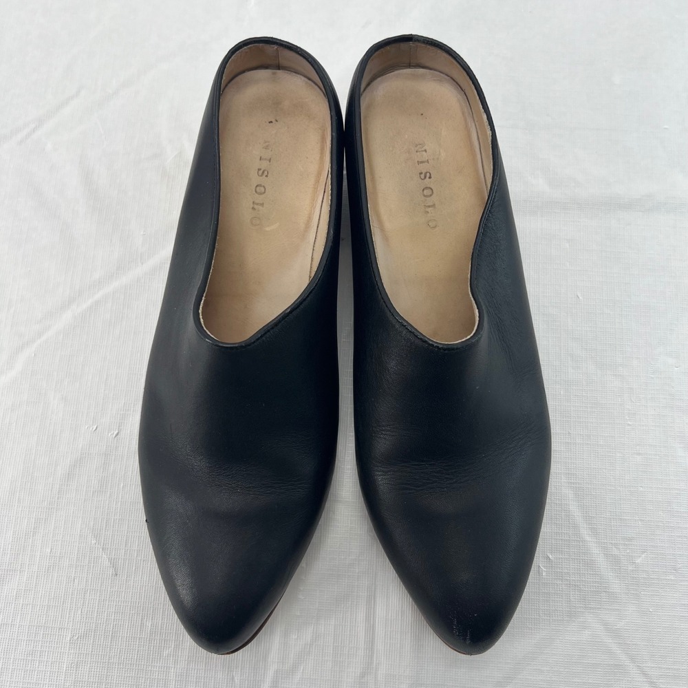 Nisolo Mariella Mule Black Leather Pointed Toe Stacked Wood Block Heel sz 7.5 - Picture 2 of 7